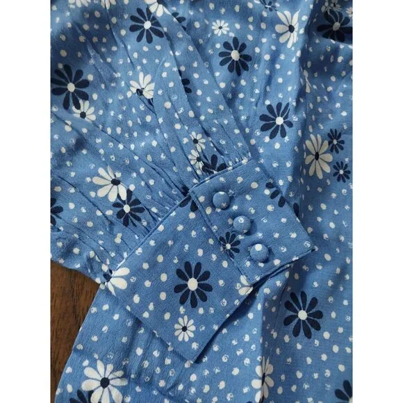 New Talbots Poet Sleeve Blue Daisy Print Wrap Top V Neck Shirt Sz L - Picture 9 of 13